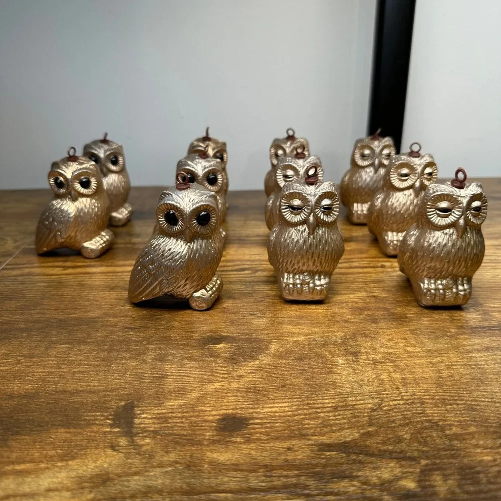 Vintage Gold Owl Light Covers Ornaments Set of 11 Retro Mid Century Decor